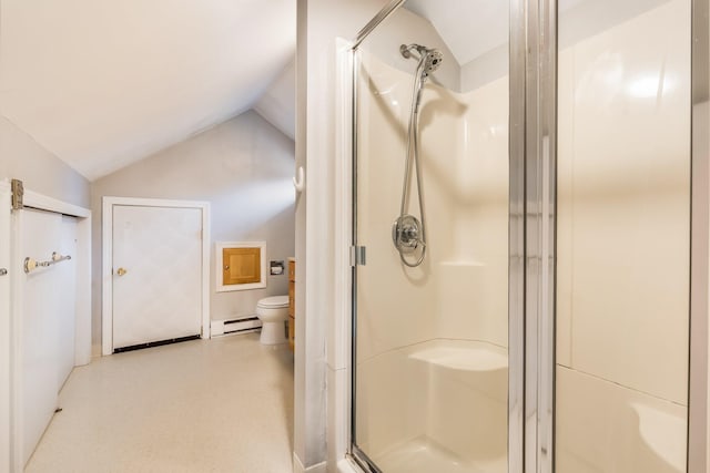 bathroom featuring baseboard heating, an enclosed shower, toilet, and vaulted ceiling