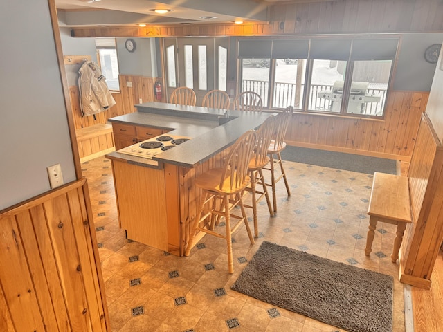 kitchen featuring wood walls and a breakfast bar