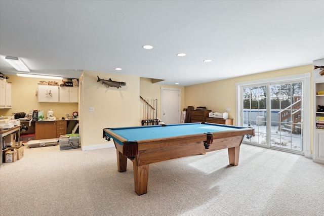 recreation room featuring light colored carpet and pool table