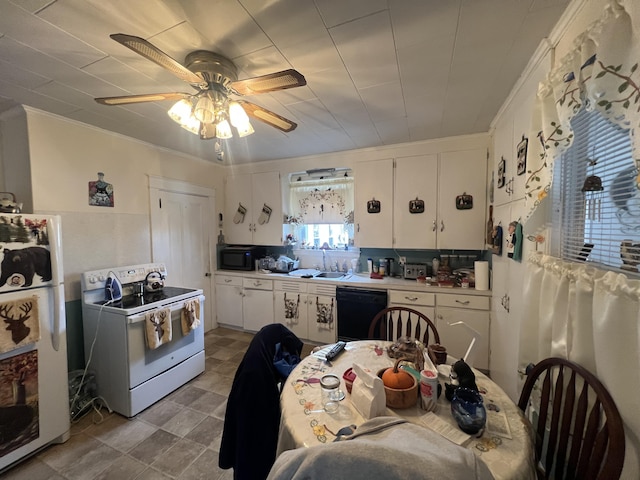 kitchen featuring sink, white cabinets, ceiling fan, ornamental molding, and black appliances