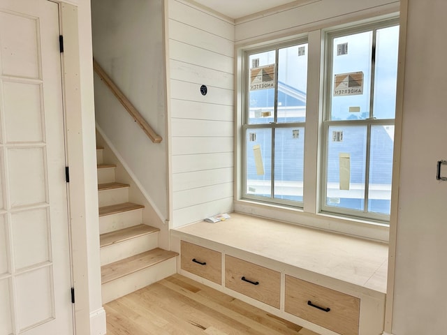 mudroom with wood walls, a healthy amount of sunlight, and light wood-type flooring