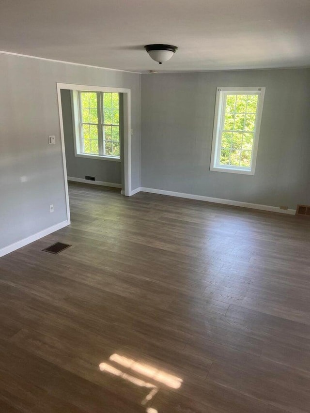 spare room with a wealth of natural light and dark hardwood / wood-style flooring