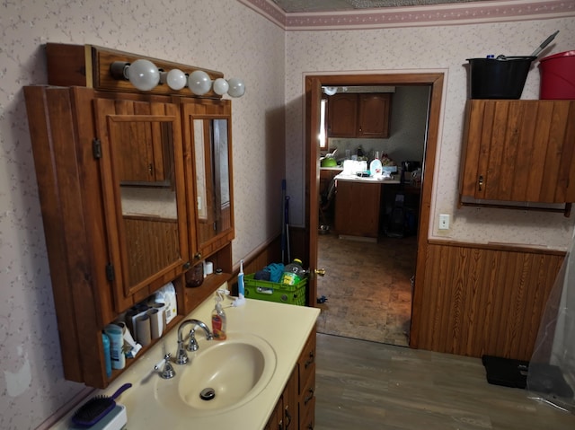 bathroom featuring hardwood / wood-style floors and vanity