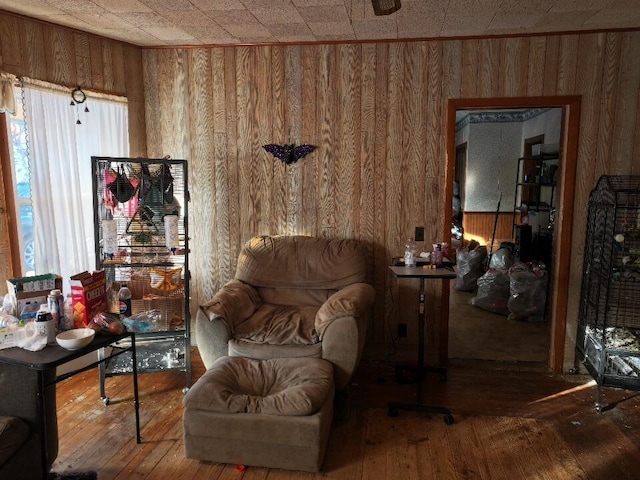 living area featuring wood walls and wood-type flooring