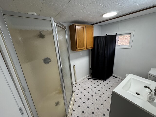 bathroom with vanity, toilet, and walk in shower