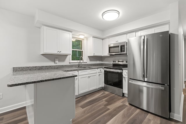 kitchen with sink, dark wood-type flooring, kitchen peninsula, white cabinets, and appliances with stainless steel finishes