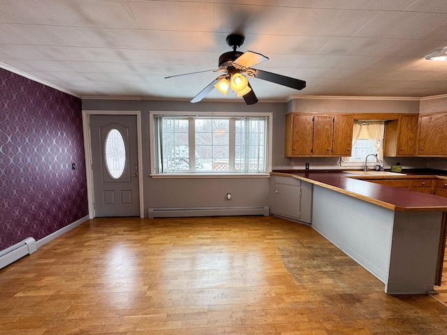 kitchen featuring a baseboard heating unit, plenty of natural light, crown molding, and kitchen peninsula