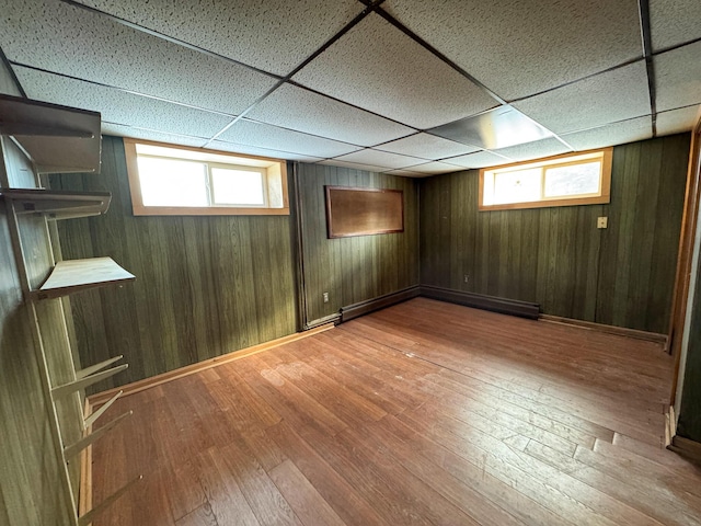 basement with wood walls, a healthy amount of sunlight, and hardwood / wood-style floors