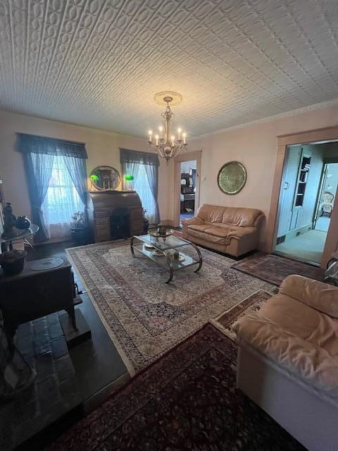 living room featuring a chandelier