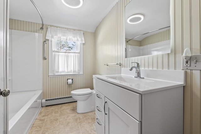 full bathroom featuring baseboard heating, vanity, shower / bathtub combination, and toilet