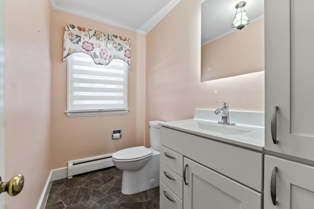 bathroom featuring vanity, toilet, baseboard heating, and ornamental molding