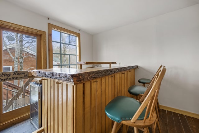 bar featuring beverage cooler and dark hardwood / wood-style flooring