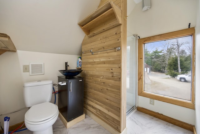 bathroom featuring toilet, wood walls, lofted ceiling, a shower with door, and vanity