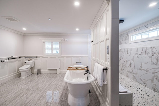 bathroom featuring plus walk in shower and ornamental molding