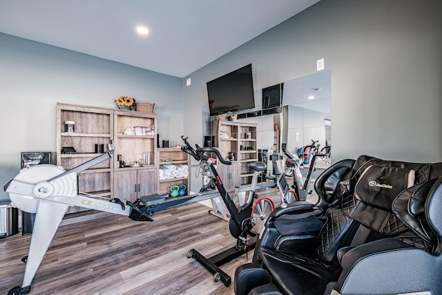 exercise room with hardwood / wood-style floors