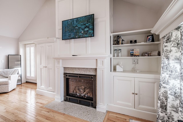 living room with light wood-type flooring and high vaulted ceiling