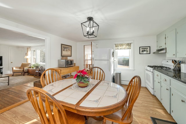 dining room featuring light wood-type flooring, a notable chandelier, and a wealth of natural light