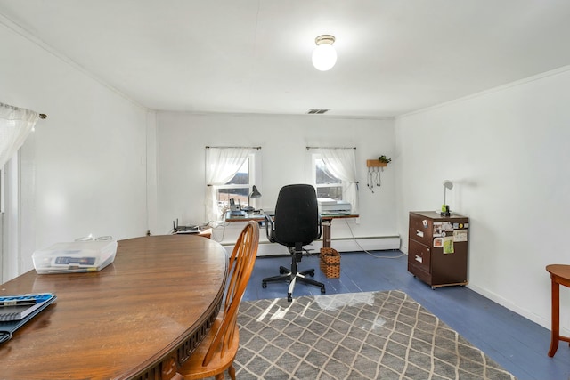 office space with ornamental molding and hardwood / wood-style floors