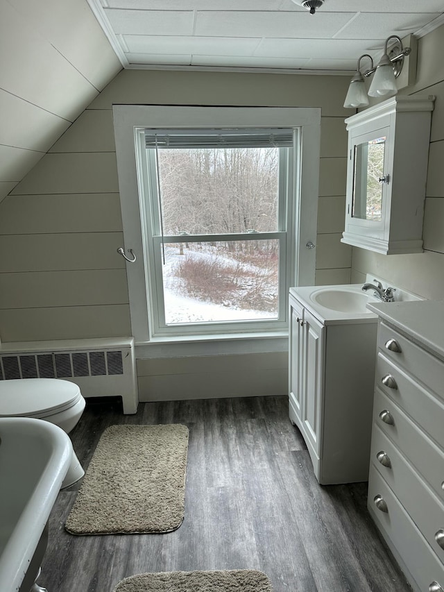 bathroom with a bathtub, vanity, lofted ceiling, toilet, and radiator heating unit