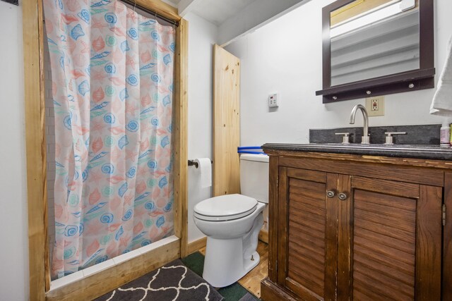 bathroom with walk in shower, vanity, and toilet