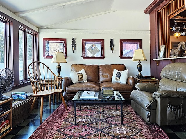 tiled living room with lofted ceiling