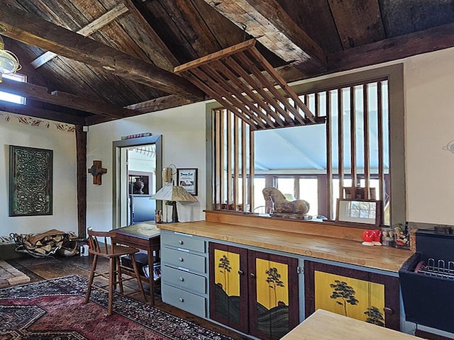 interior space featuring lofted ceiling with beams and wooden ceiling