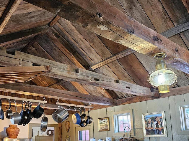 details featuring beam ceiling and wood ceiling