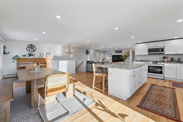 kitchen with white cabinetry, appliances with stainless steel finishes, a kitchen island, pendant lighting, and light hardwood / wood-style flooring