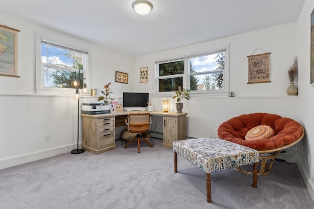 office area featuring light colored carpet and a baseboard radiator