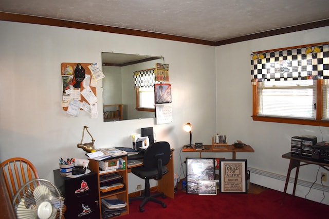 carpeted home office featuring a baseboard radiator and crown molding