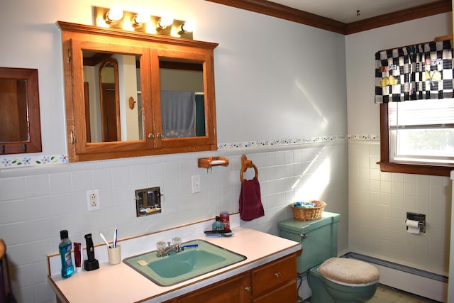 bathroom featuring vanity, toilet, ornamental molding, and baseboard heating