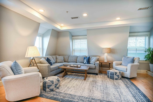 living room featuring light wood-type flooring and a healthy amount of sunlight