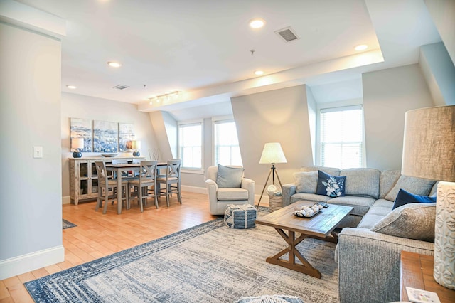 living room with rail lighting and light hardwood / wood-style flooring