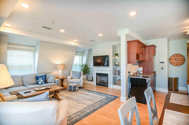 living room featuring built in shelves, light hardwood / wood-style flooring, and sink