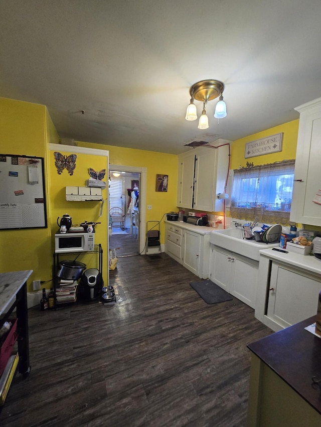 kitchen with white cabinetry and dark hardwood / wood-style flooring