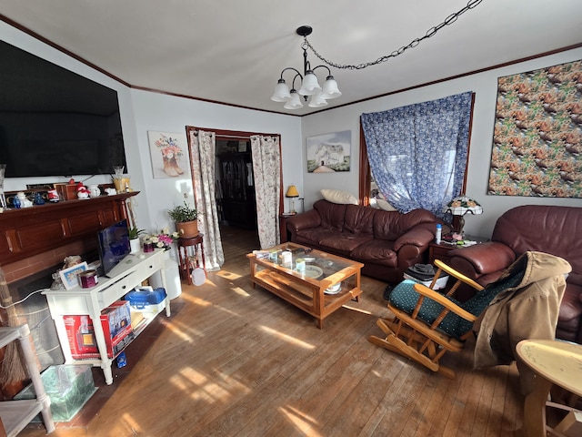 living room featuring hardwood / wood-style floors and a notable chandelier