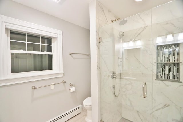 bathroom featuring walk in shower, a baseboard radiator, and toilet