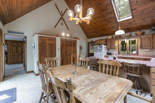 dining room with a skylight, sink, wooden ceiling, an inviting chandelier, and high vaulted ceiling