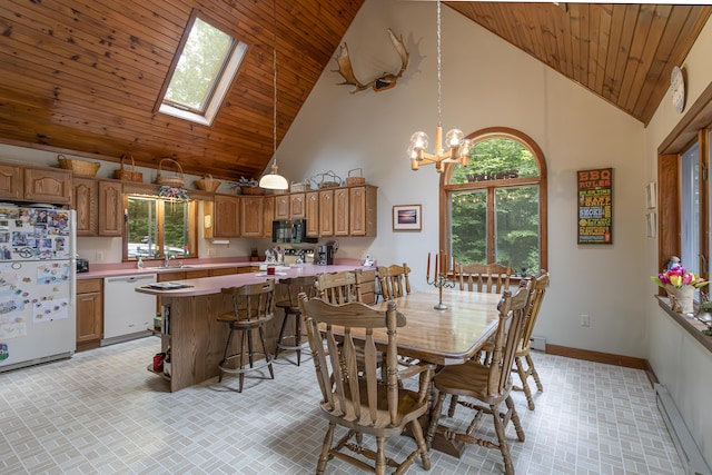 dining space featuring a chandelier, wooden ceiling, high vaulted ceiling, and a skylight