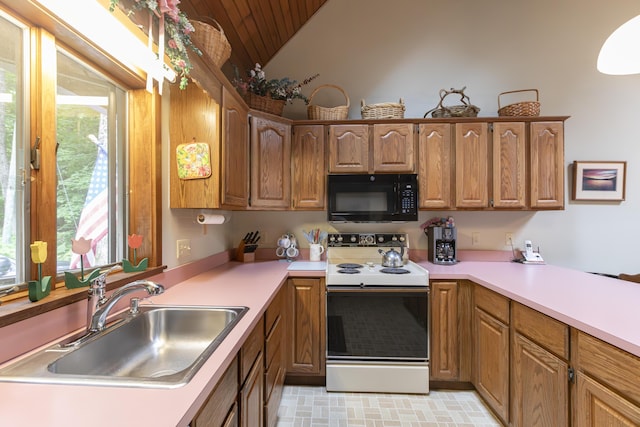 kitchen with a wealth of natural light, sink, lofted ceiling, and white electric range