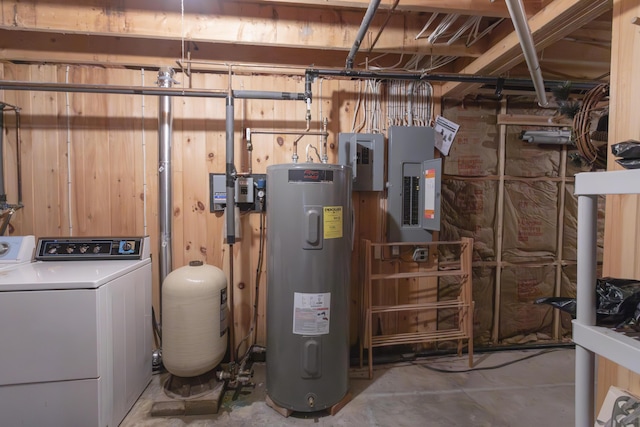 utility room featuring washer / clothes dryer, electric water heater, and electric panel