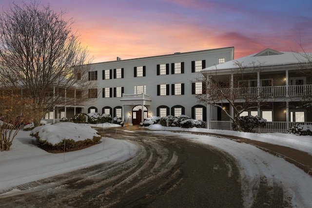 view of snow covered building