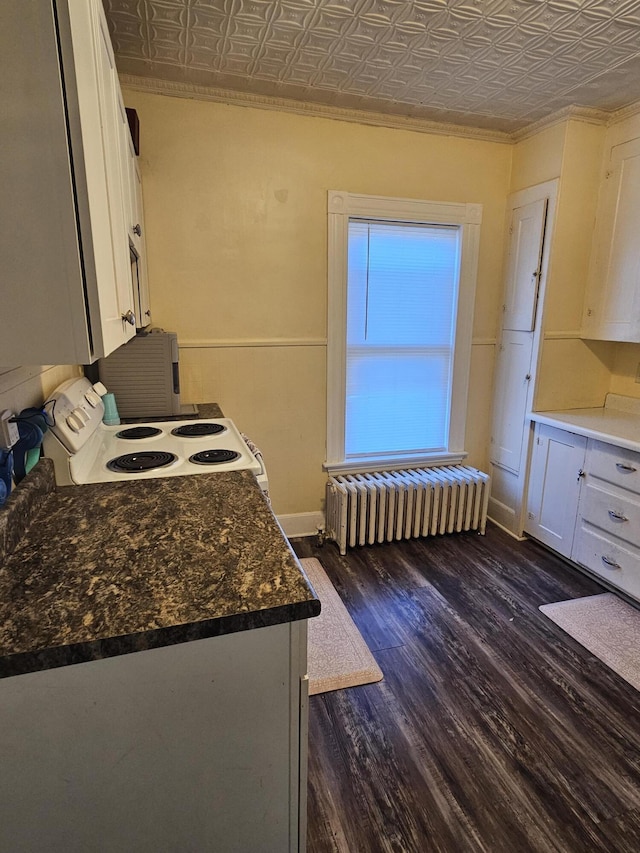 kitchen featuring electric range, dark hardwood / wood-style flooring, white cabinetry, and radiator heating unit