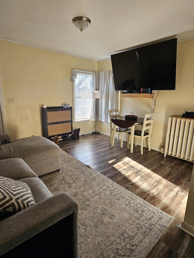 living room with radiator, ornamental molding, and dark hardwood / wood-style floors