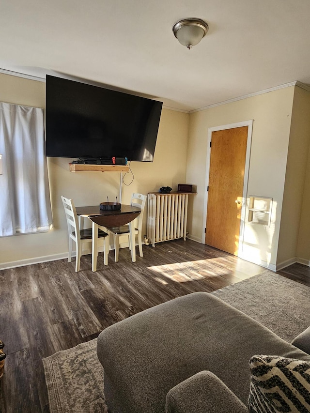 living room with crown molding, radiator, and dark hardwood / wood-style flooring