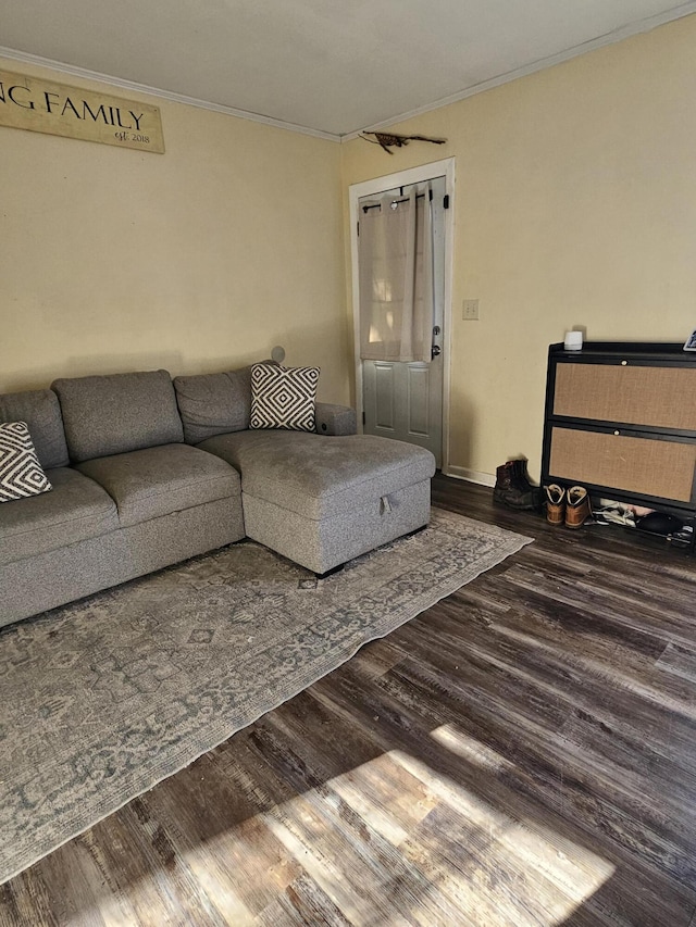 living room featuring ornamental molding and hardwood / wood-style floors