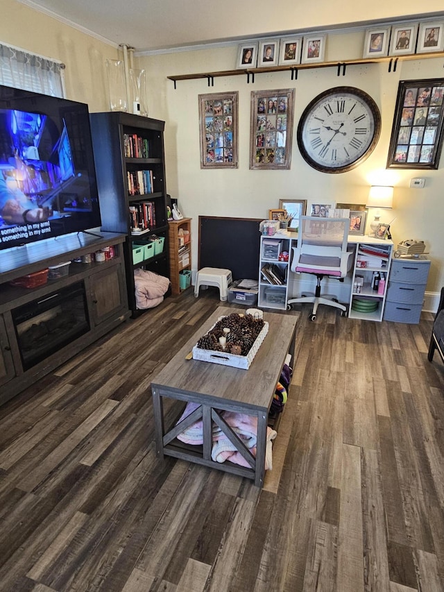 interior space featuring crown molding and dark hardwood / wood-style flooring