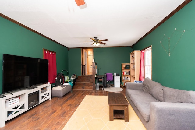 living room featuring hardwood / wood-style floors, ceiling fan, and ornamental molding