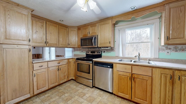 kitchen with sink, stainless steel appliances, a textured ceiling, and ceiling fan