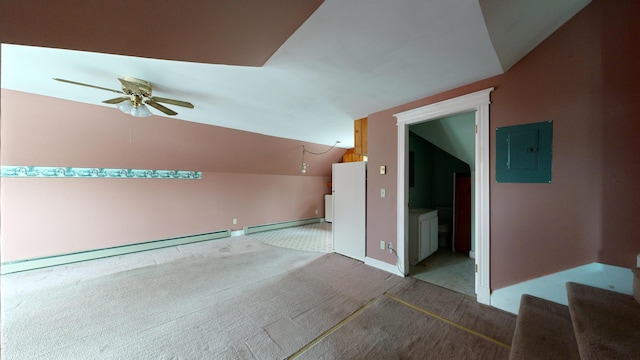 bonus room featuring lofted ceiling, baseboard heating, ceiling fan, and electric panel